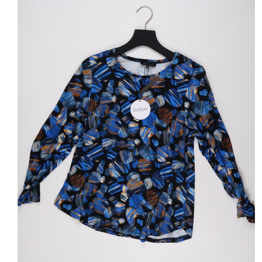 Sunday Top Abstract Pebble Print Blue Brown Size M NWT